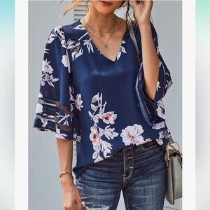 Womens Summer Floral Print 3/4 Bell Sleeve V Neck Blouse Top Shirt